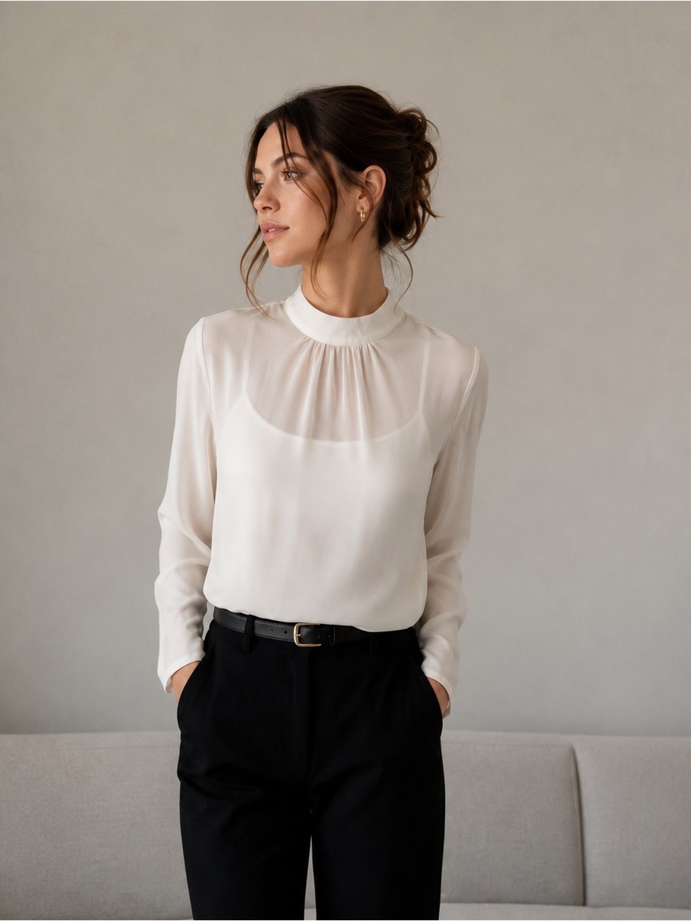 Aritzia Babaton 100% Silk Blouse XS Cream Mock Neck Keyhole Top